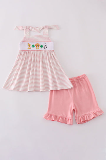 Pink stripe smocked set with cute animal embroidery, perfect for playtime.