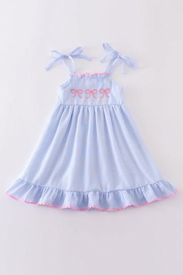 Blue striped seersucker bow embroidery girl dress