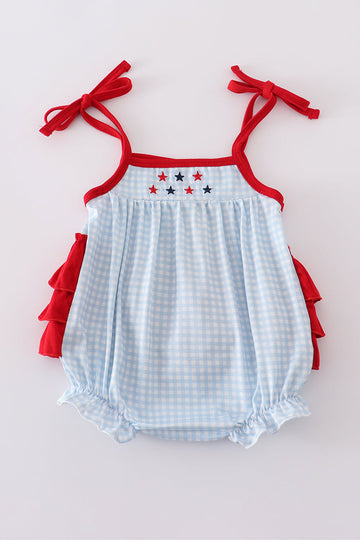 Adorable gingham bubble romper with star embroidery, perfect for playful summer days.