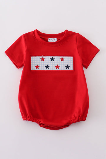 Red Star embroidery bubble: cozy red romper with star patterns, perfect for festive occasions.