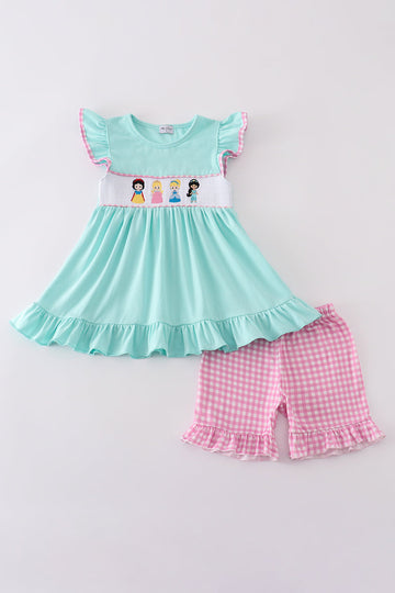 Mint gingham shorts set with princess embroidery, perfect for playful summer days.