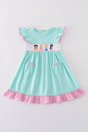 Mint gingham ruffle dress with princess embroidery, perfect for special occasions.