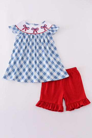 Blue bow embroidery smocked set with puff sleeves, perfect for special occasions.