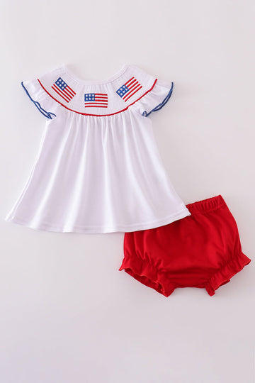 Adorable flag-embroidered bloomer set with a patriotic theme for toddlers.