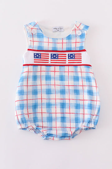 A charming plaid bubble romper with flag embroidery, perfect for festive occasions.