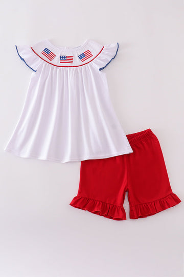 Children's smocked short set with flag embroidery, perfect for patriotic celebrations.