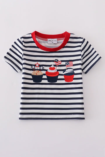 Children's blue striped top with cute cake embroidery, perfect for playful outings.
