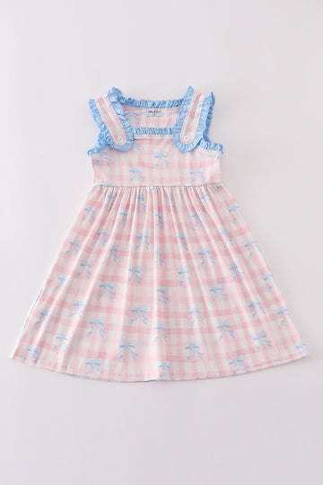 Pink plaid bow print gingham dress with flutter sleeves, perfect for spring outings.