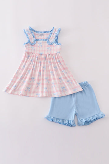 Pink plaid gingham shorts set with bow print, perfect for playful outings.