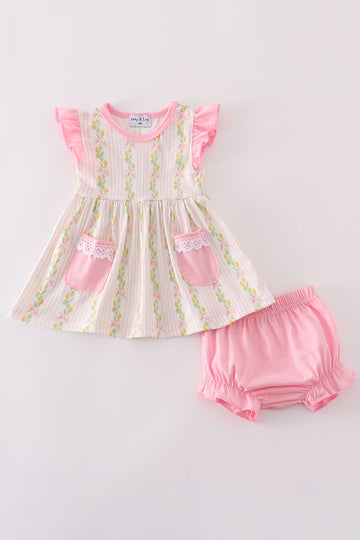 Pink lemon print bloomer set with ruffles and bow, perfect for summer fun.