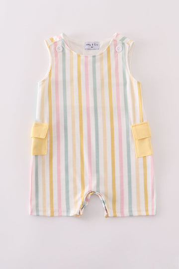 Colorful jonjon with rainbow stripes and a cute front pocket, perfect for playtime.