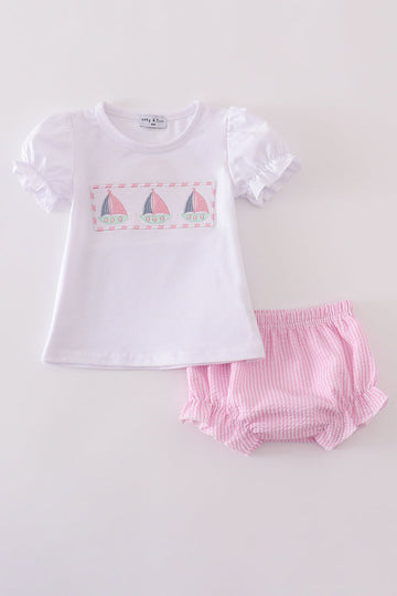 Pink stripe seersucker bloomer set with sailboat embroidery, perfect for summer fun.