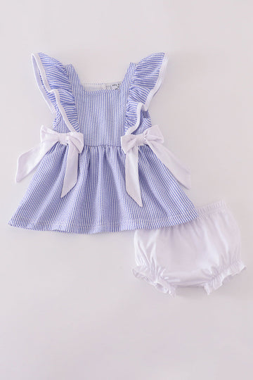 Blue stripe seersucker ruffle bloomer set with playful, summer-ready design.