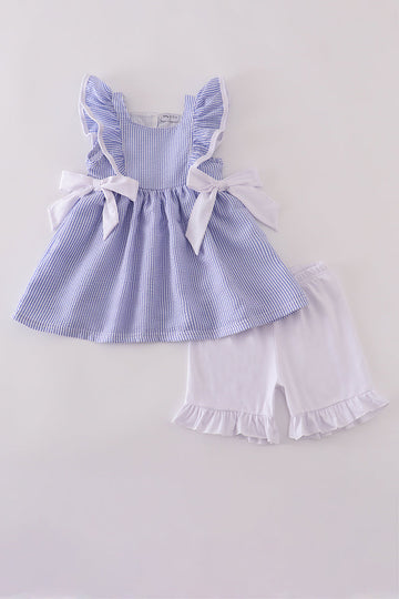Blue stripe seersucker shorts set for kids, perfect for summer adventures.