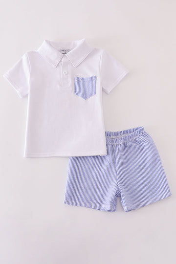 Blue stripe seersucker shorts set with playful summer vibes for kids.