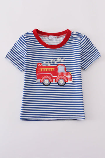 Blue striped top with a playful fire truck applique, perfect for kids.