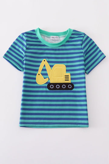 Teal striped top with an excavator applique, perfect for adventurous kids.