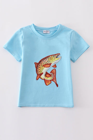 Blue fish applique top: vibrant, playful design on soft, comfy fabric for kids.