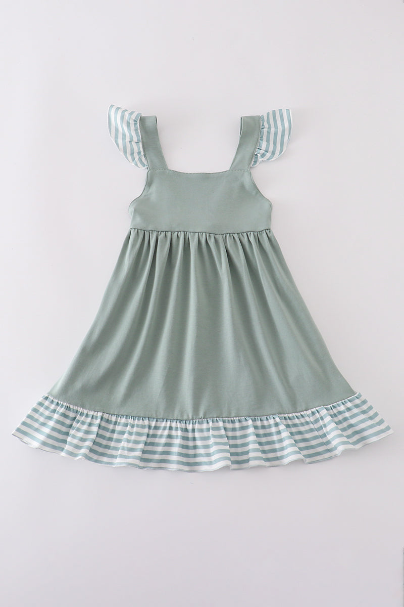 Sage green striped dress with flutter sleeves and ruffle trim, perfect for playdates.