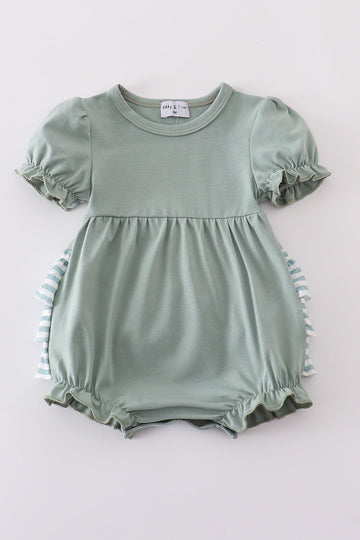 A charming sage green bubble romper with playful white stripes and ruffled sleeves.