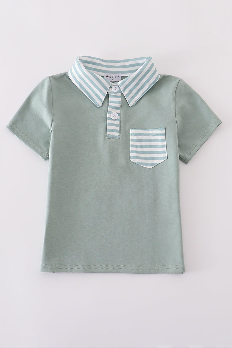 Sage stripe button down shirt with playful green and white pattern.