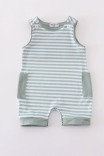 Sage green striped jonjon with button straps, perfect for playful summer days.