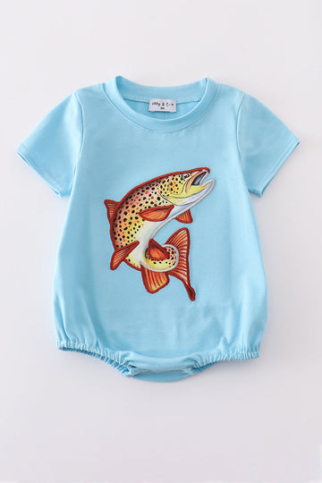 Blue fish applique bubble romper with playful aquatic design, perfect for summer fun.