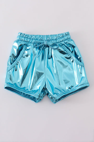 Blue laser shorts with a vibrant, playful pattern for active kids.