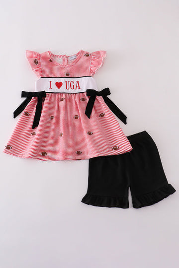 Red stripe seersucker football set with "I love UGA" embroidery, perfect for kids.