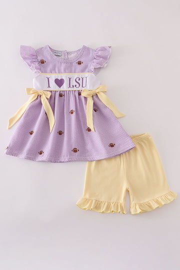 Purple striped seersucker set with "I Love LSU" football embroidery.