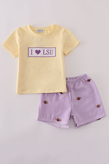 Purple stripe seersucker football set with "I love LSU" embroidery for kids.