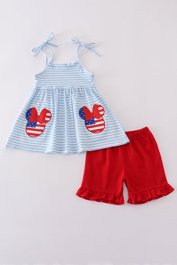 A playful blue and red shorts set with character appliques for kids.