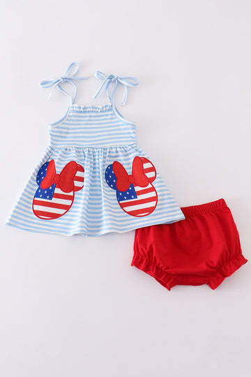 Blue and red bloomer set with playful character applique, perfect for toddlers.