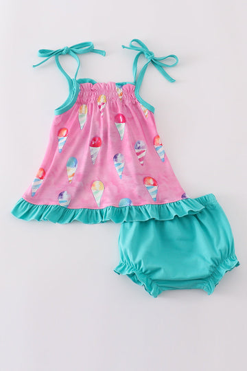 A cute pink bloomer set with colorful ice cream cone prints.
