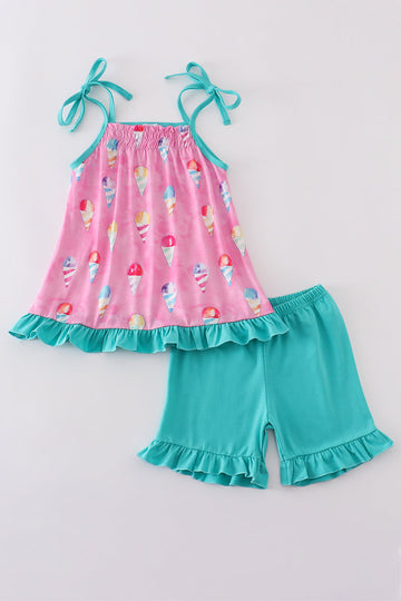 Adorable pink shorts set with playful ice cream print, perfect for summer fun.