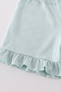 Girl's Blue Bow Pearl Smocked Ruffle Shorts Set with playful, elegant details.