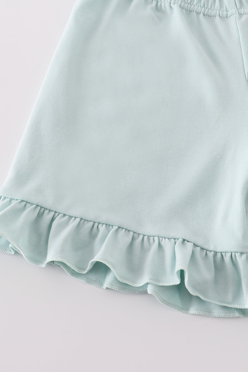 Girl's Blue Bow Pearl Smocked Ruffle Shorts Set with playful, elegant details.