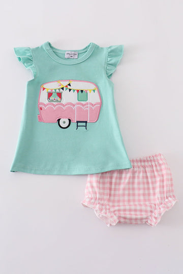 Green camper applique bloomer set with playful nature-themed design, perfect for toddlers.