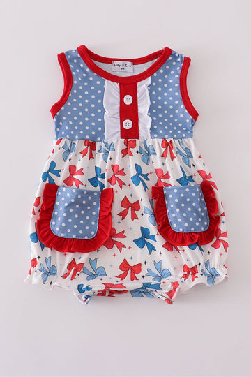 Blue bow print ruffle bubble romper with playful ruffles, perfect for summer outings.