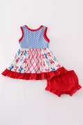 Blue bow print ruffle bloomer set with matching top, perfect for playtime.