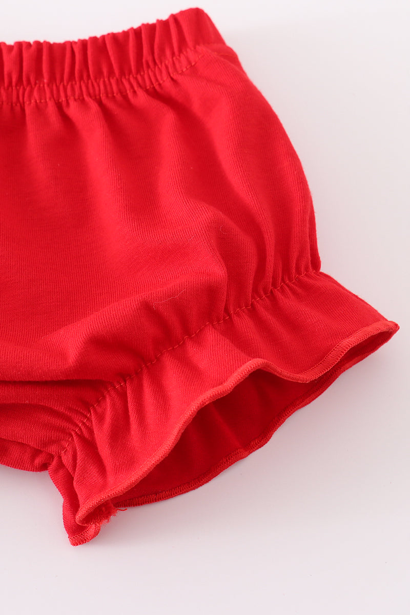Blue bow print ruffle bloomer set with matching top, perfect for playtime.