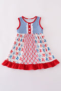 A charming blue dress with playful bow print and ruffled sleeves.