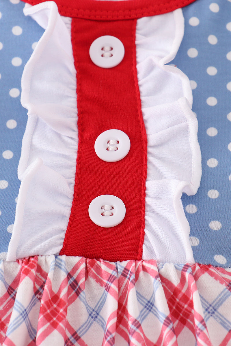 A charming blue dress with playful bow print and ruffled sleeves.