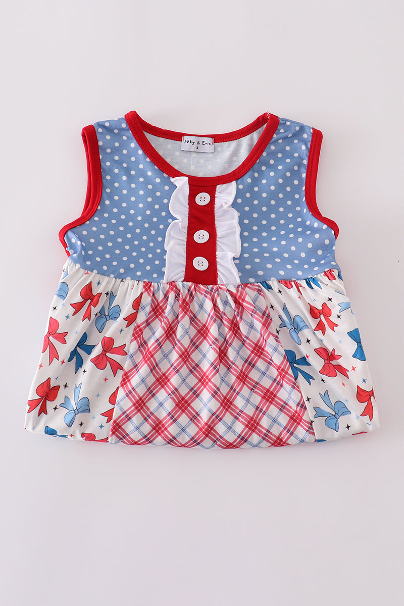 A charming blue dress with playful bow print and ruffled sleeves.
