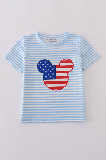 Blue and white striped top with playful character applique, perfect for kids.