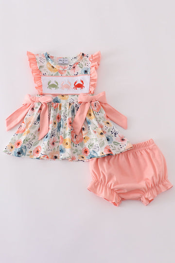 Floral crab embroidery ruffle bloomer set with cheerful summer colors and patterns.