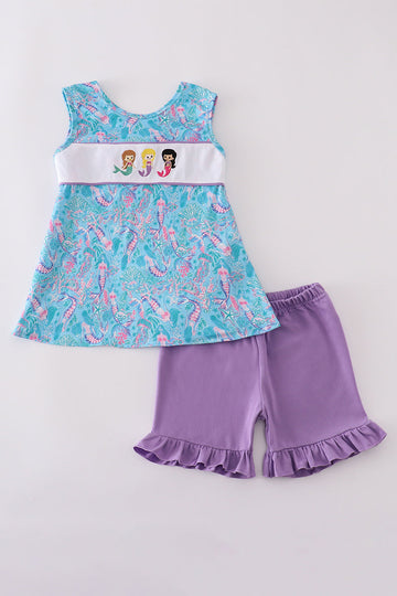 Whimsical mermaid-themed shorts set with colorful embroidery, perfect for summer fun.