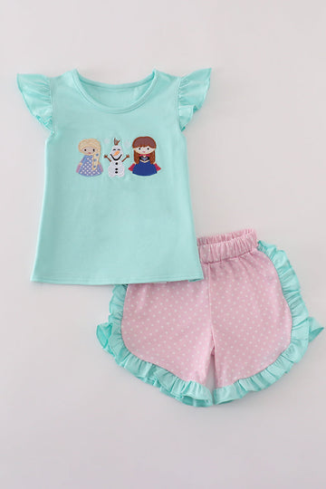 Blue character applique shorts set