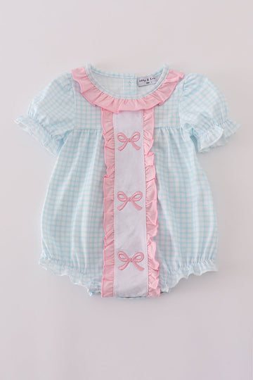Blue bow embroidery gingham ruffle bubble