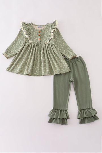 Green corduroy floral lace ruffle pants set